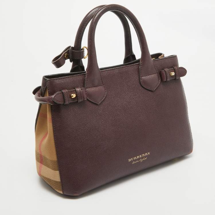 Pre Owned Burberry Burgundy Leather and House Check Fabric Small Banner Tote