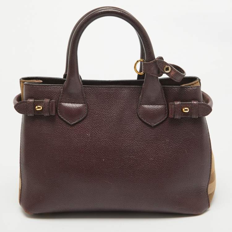 Pre Owned Burberry Burgundy Leather and House Check Fabric Small Banner Tote