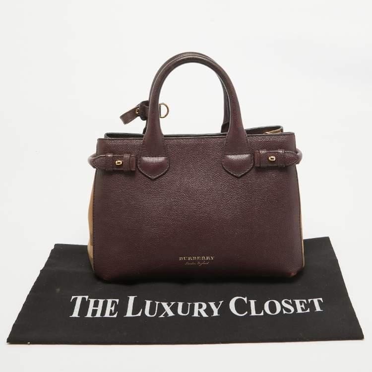 Pre Owned Burberry Burgundy Leather and House Check Fabric Small Banner Tote