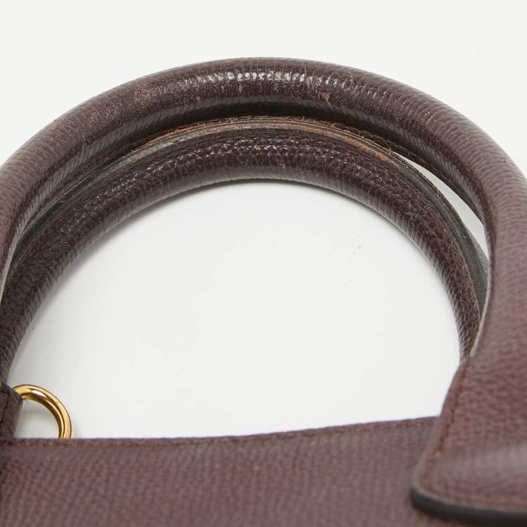 Pre Owned Burberry Burgundy Leather and House Check Fabric Small Banner Tote