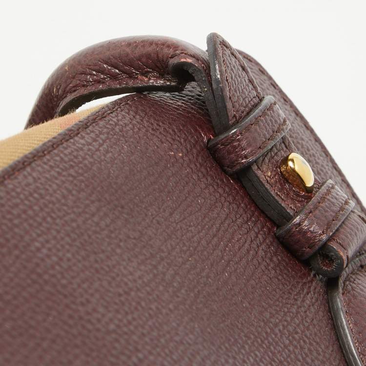 Pre Owned Burberry Burgundy Leather and House Check Fabric Small Banner Tote