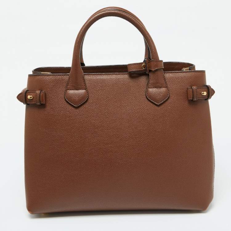 Pre Owned Burberry Brown Leather and House Check Fabric Medium Banner Tote