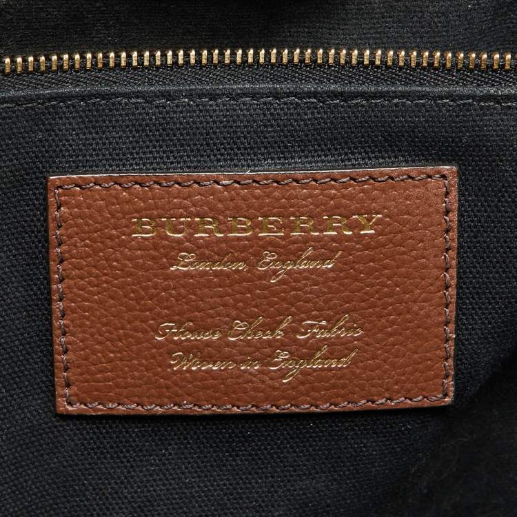 Pre Owned Burberry Brown Leather and House Check Fabric Medium Banner Tote