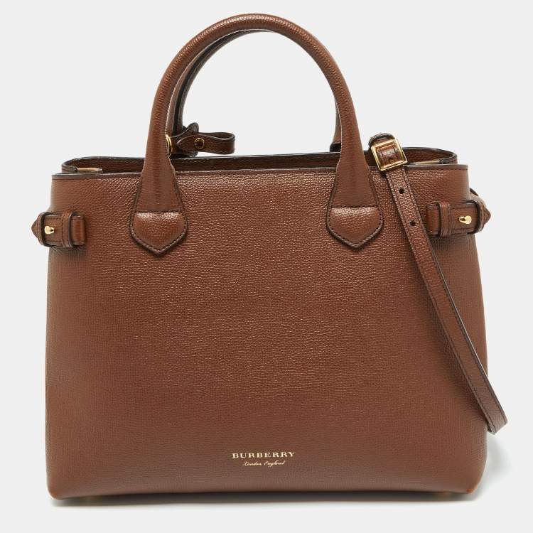 Pre Owned Burberry Brown Leather and House Check Fabric Medium Banner Tote