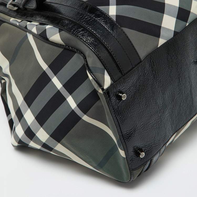 Pre Owned Burberry Black Beat Check Nylon and Patent Leather Large Victoria Tote