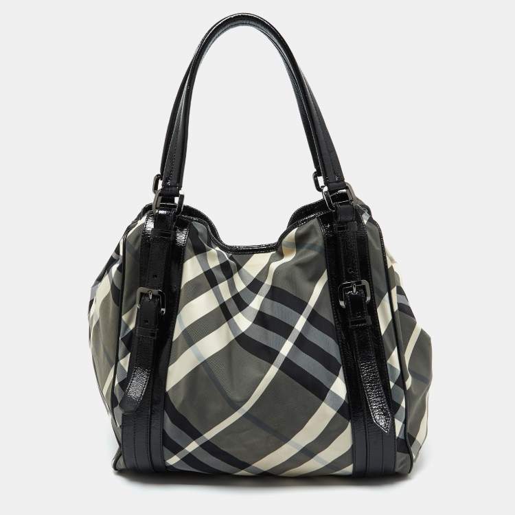 Pre Owned Burberry Black Beat Check Nylon and Patent Leather Large Victoria Tote