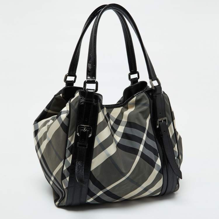 Pre Owned Burberry Black Beat Check Nylon and Patent Leather Large Victoria Tote