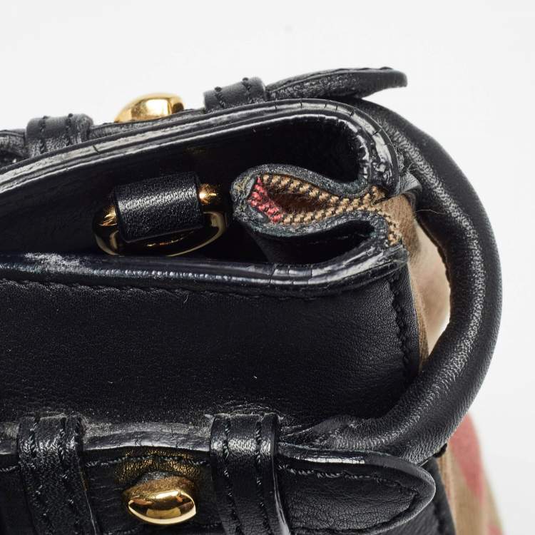 Pre Owned Burberry Black/Beige Leather and House Check Canvas Small Banner Tote