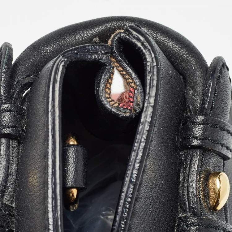 Pre Owned Burberry Black/Beige Leather and House Check Canvas Small Banner Tote