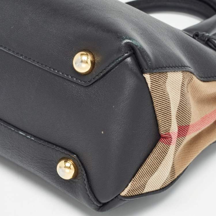 Pre Owned Burberry Black/Beige Leather and House Check Canvas Small Banner Tote