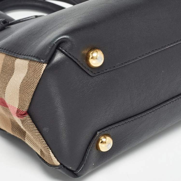 Pre Owned Burberry Black/Beige Leather and House Check Canvas Small Banner Tote