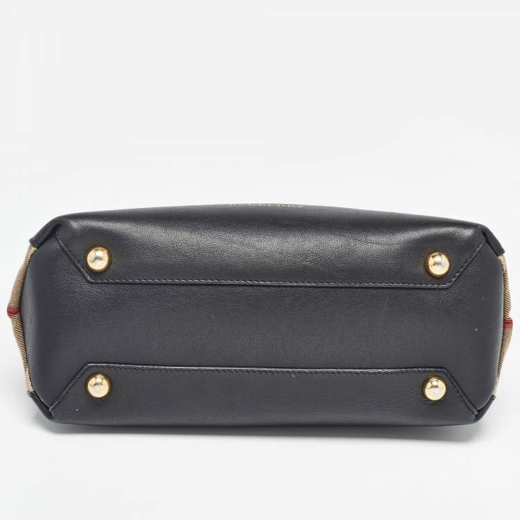 Pre Owned Burberry Black/Beige Leather and House Check Canvas Small Banner Tote