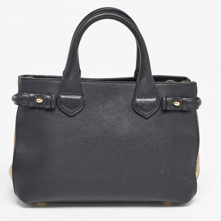 Pre Owned Burberry Black/Beige Leather and House Check Canvas Small Banner Tote