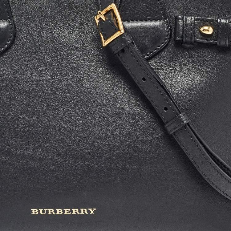 Pre Owned Burberry Black/Beige Leather and House Check Canvas Small Banner Tote