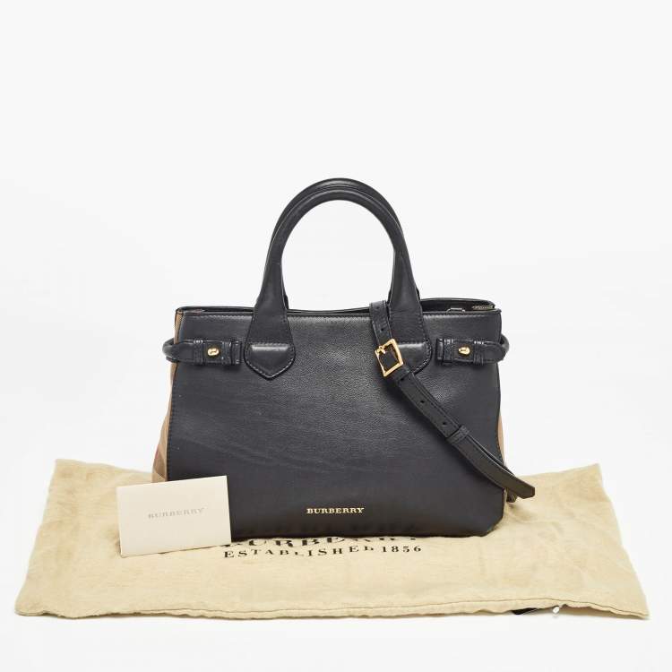 Pre Owned Burberry Black/Beige Leather and House Check Canvas Small Banner Tote