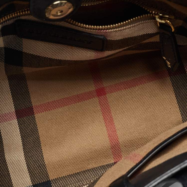 Pre Owned Burberry Black/Beige Leather and House Check Canvas Small Banner Tote