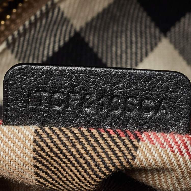Pre Owned Burberry Black/Beige Leather and House Check Canvas Small Banner Tote