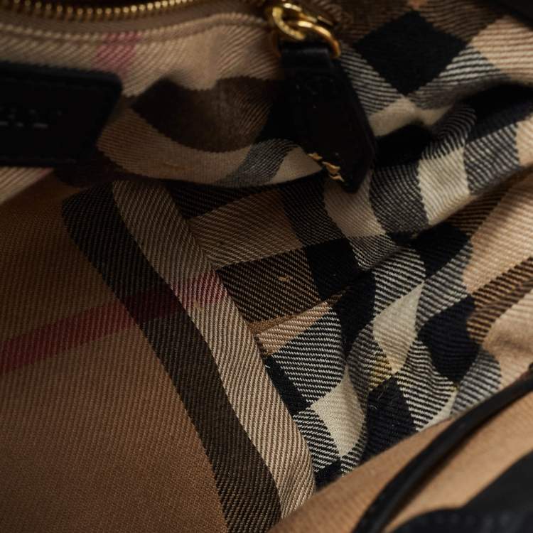 Pre Owned Burberry Black/Beige Leather and House Check Canvas Small Banner Tote