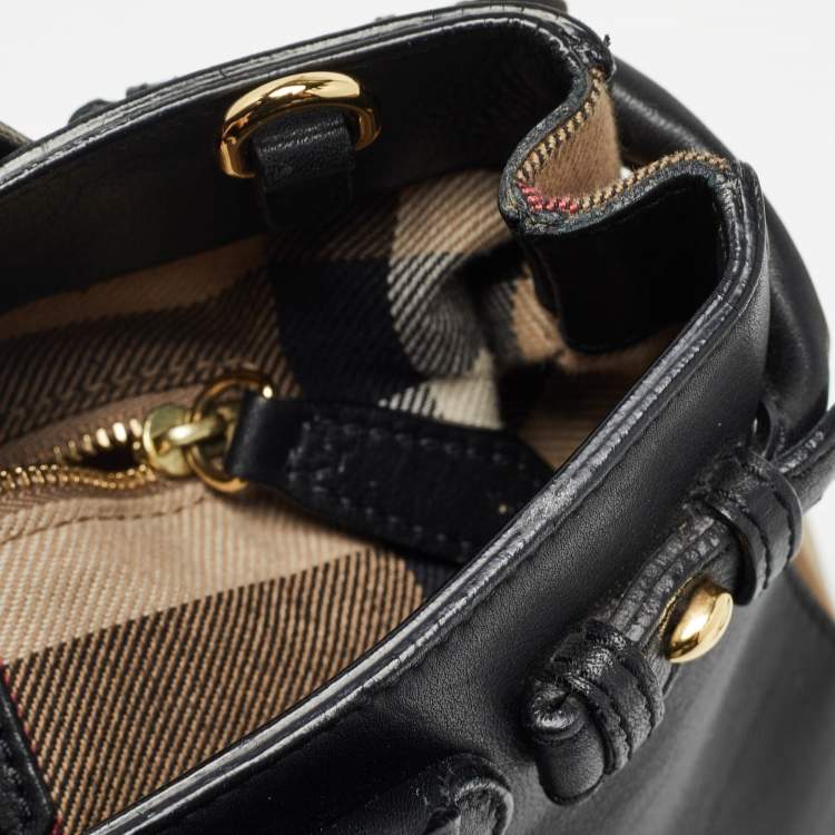 Pre Owned Burberry Black/Beige Leather and House Check Canvas Small Banner Tote