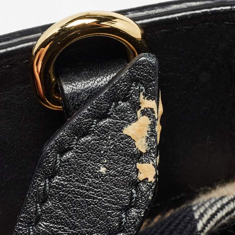 Pre Owned Burberry Black/Beige Leather and House Check Canvas Small Banner Tote