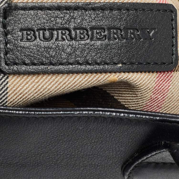 Pre Owned Burberry Black/Beige Leather and House Check Canvas Small Banner Tote