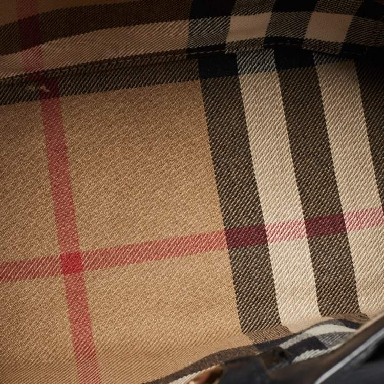 Pre Owned Burberry Black/Beige Leather and House Check Canvas Small Banner Tote