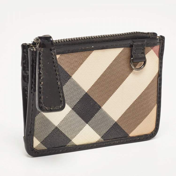 Pre Owned Burberry Beige/Black Nova Check PVC and Patent Leather Zip Coin Purse