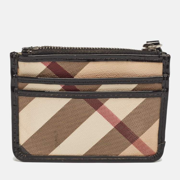 Pre Owned Burberry Beige/Black Nova Check PVC and Patent Leather Zip Coin Purse