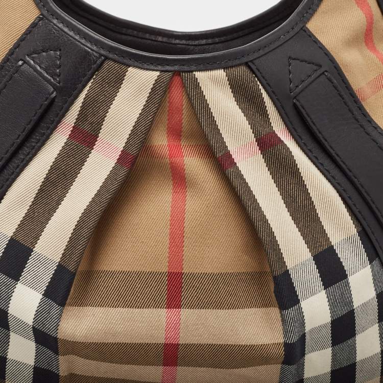 Pre Owned Burberry Black/Beige House Check Canvas and Leather Phoebe Hobo