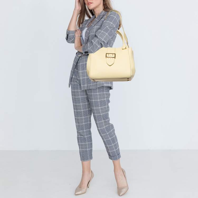 Pre Owned Burberry Yellow Leather Medium Buckle Tote