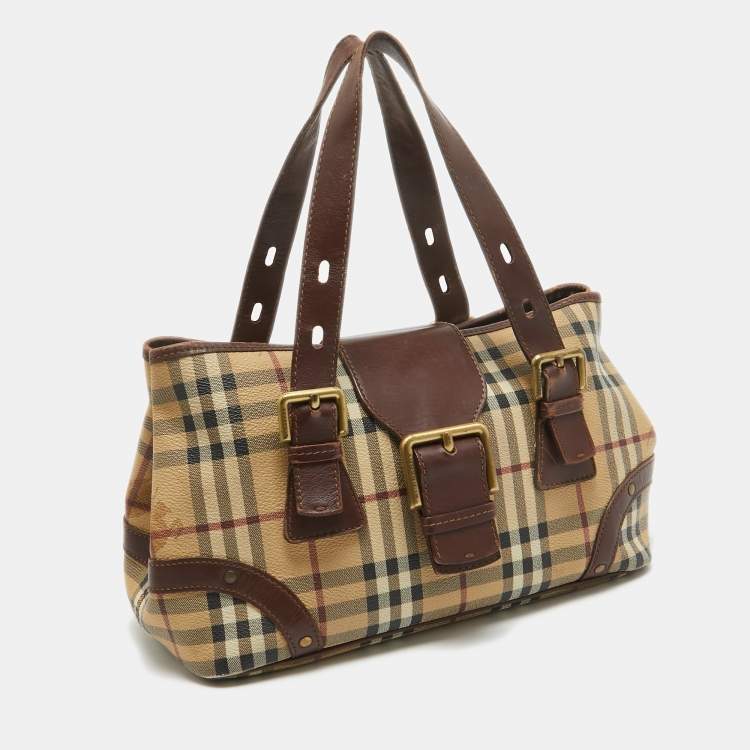 Pre Owned Burberry Beige Coated Canvas Leather Totes