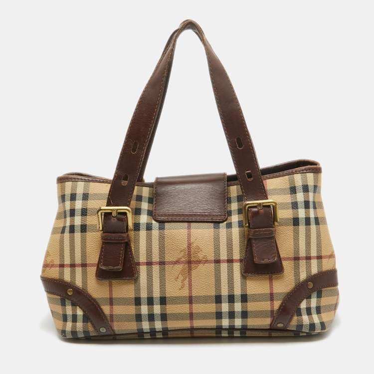 Pre Owned Burberry Beige Coated Canvas Leather Totes