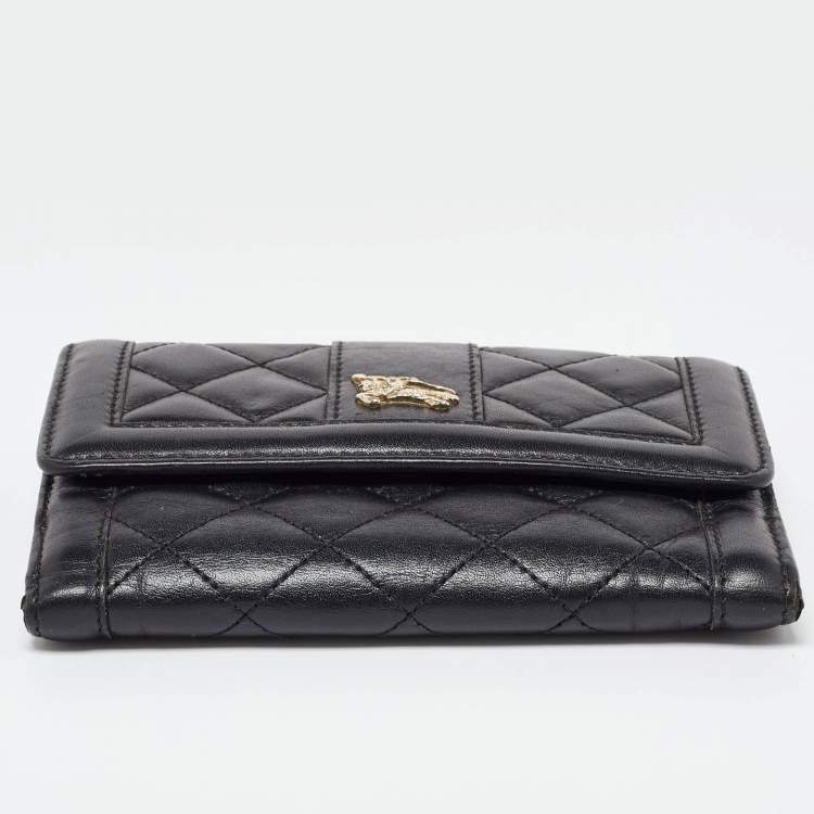 Pre Owned Burberry Black Leather TriFold Compact Wallet