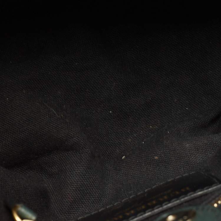 Pre Owned Burberry Green/Beige Leather and House Check Fabric Small Banner Tote