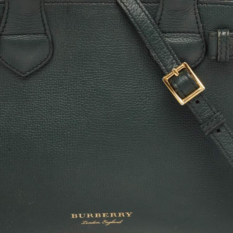 Pre Owned Burberry Green/Beige Leather and House Check Fabric Small Banner Tote
