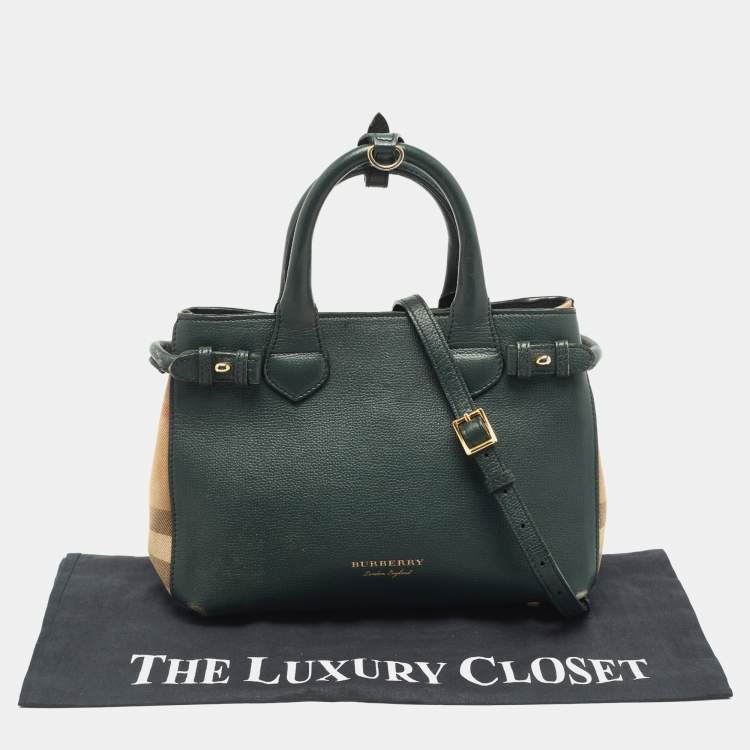 Pre Owned Burberry Green/Beige Leather and House Check Fabric Small Banner Tote