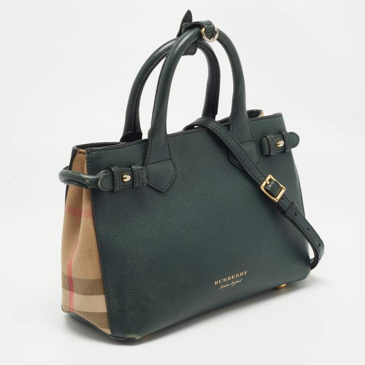 Pre Owned Burberry Green/Beige Leather and House Check Fabric Small Banner Tote