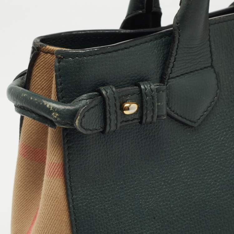 Pre Owned Burberry Green/Beige Leather and House Check Fabric Small Banner Tote