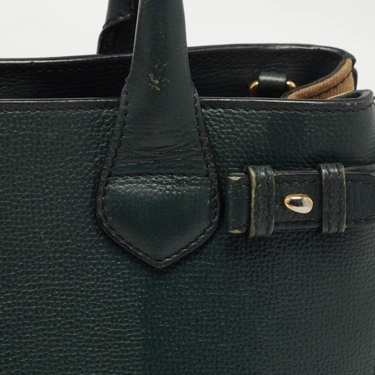 Pre Owned Burberry Green/Beige Leather and House Check Fabric Small Banner Tote
