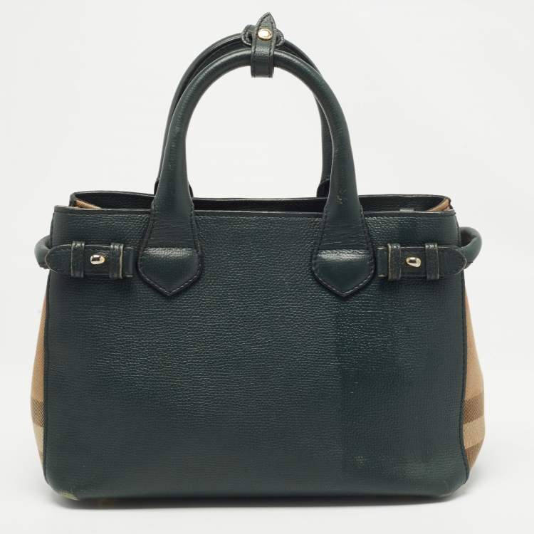 Pre Owned Burberry Green/Beige Leather and House Check Fabric Small Banner Tote