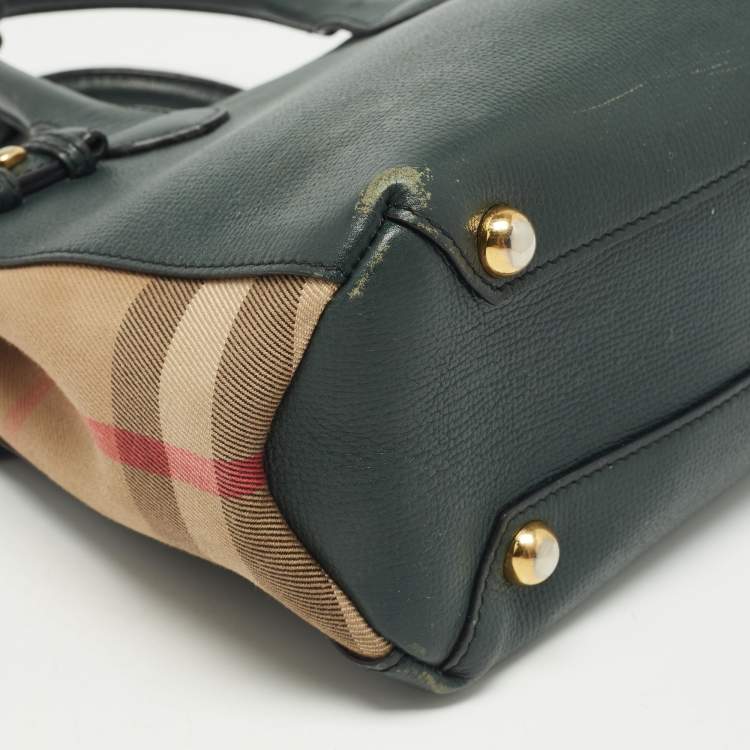 Pre Owned Burberry Green/Beige Leather and House Check Fabric Small Banner Tote