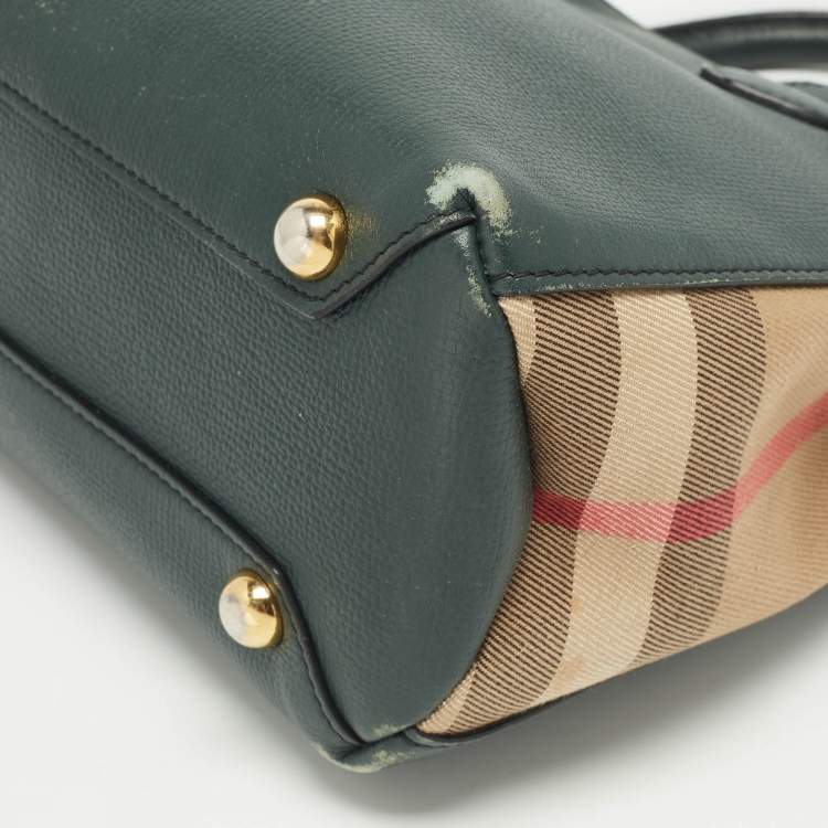 Pre Owned Burberry Green/Beige Leather and House Check Fabric Small Banner Tote