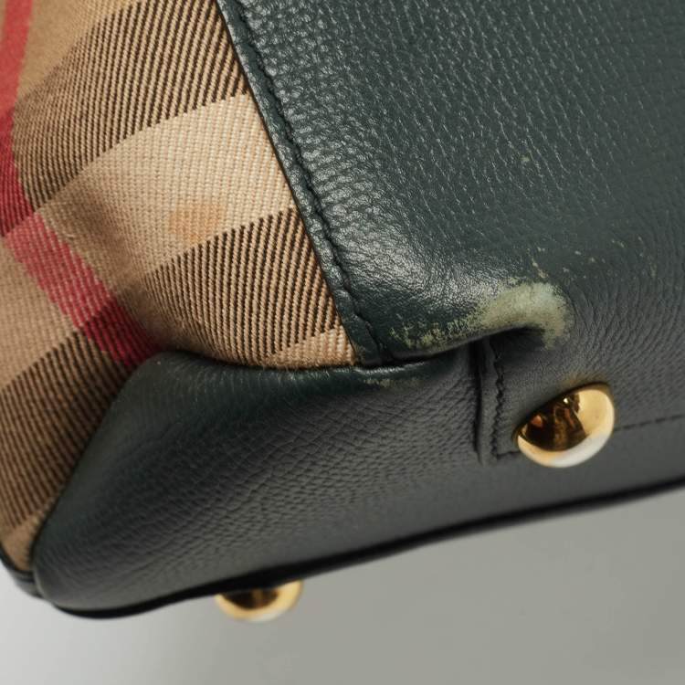 Pre Owned Burberry Green/Beige Leather and House Check Fabric Small Banner Tote