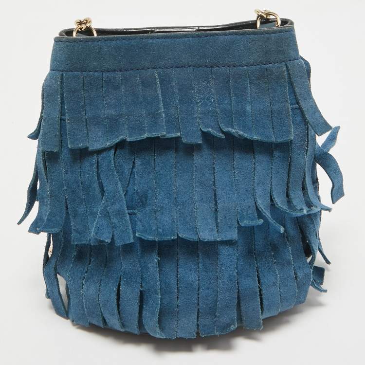 Pre Owned Burberry Blue Suede Mini Fringe Bucket Bag