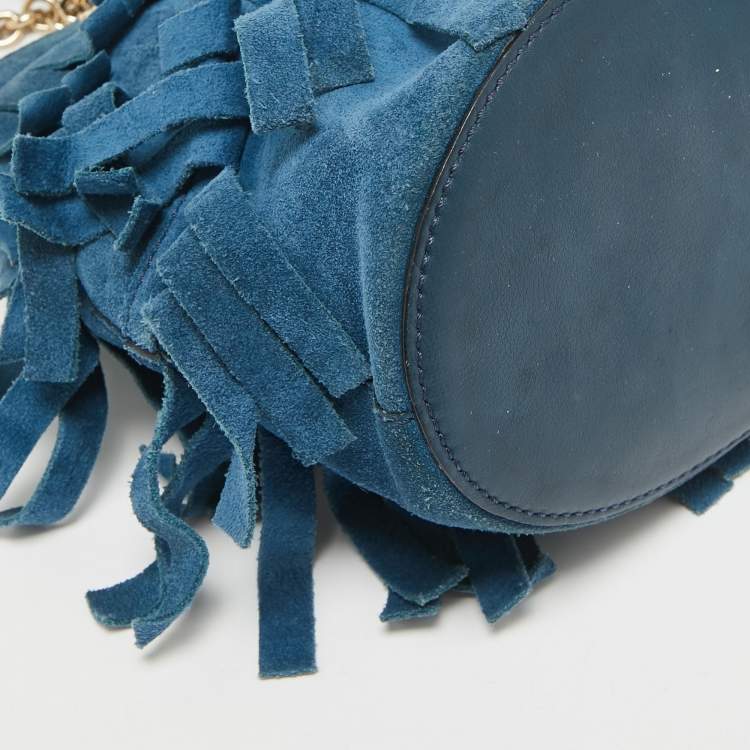 Pre Owned Burberry Blue Suede Mini Fringe Bucket Bag