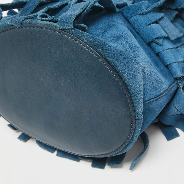 Pre Owned Burberry Blue Suede Mini Fringe Bucket Bag