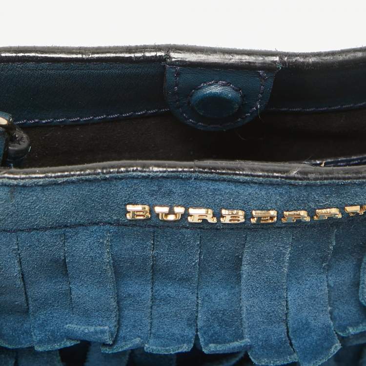 Pre Owned Burberry Blue Suede Mini Fringe Bucket Bag