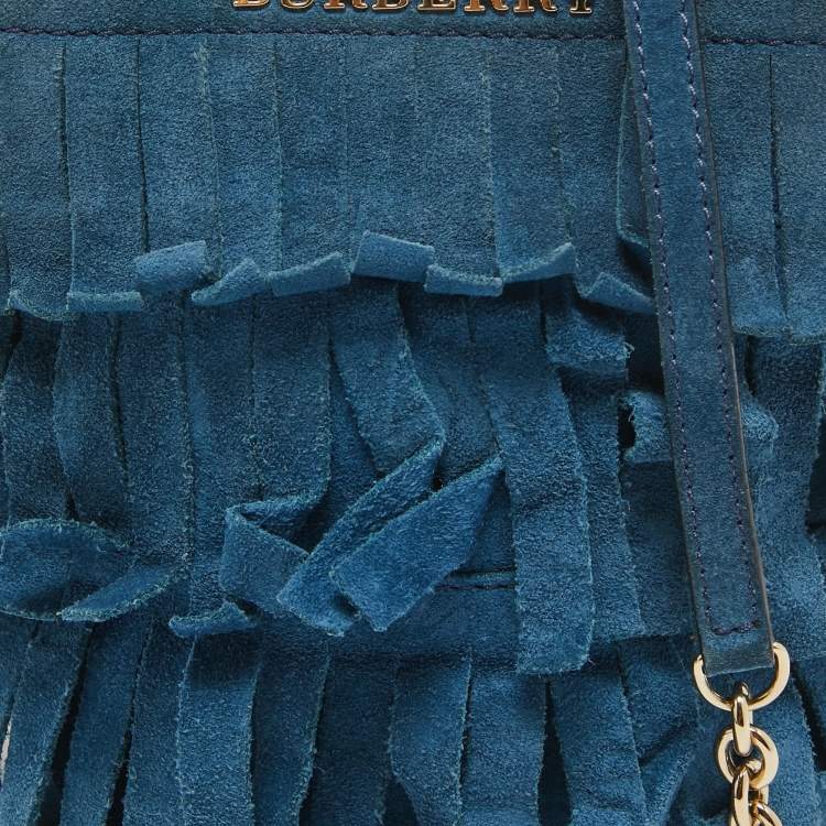 Pre Owned Burberry Blue Suede Mini Fringe Bucket Bag