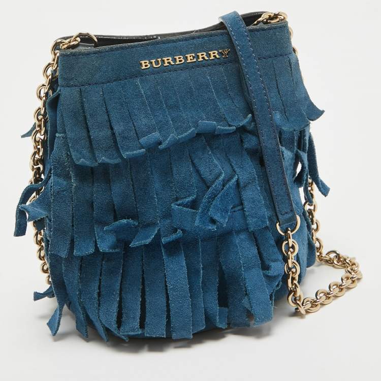 Pre Owned Burberry Blue Suede Mini Fringe Bucket Bag