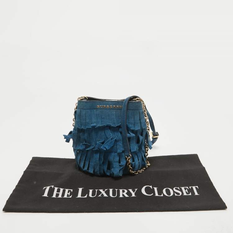 Pre Owned Burberry Blue Suede Mini Fringe Bucket Bag